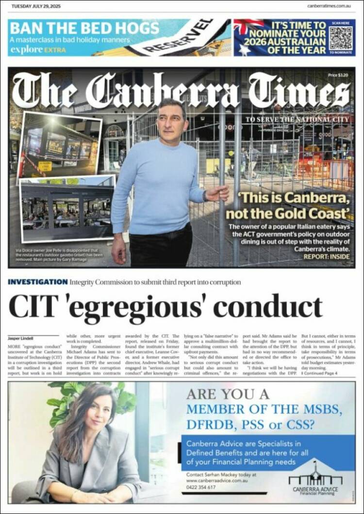 Portada de The Canberra Times (Australia)