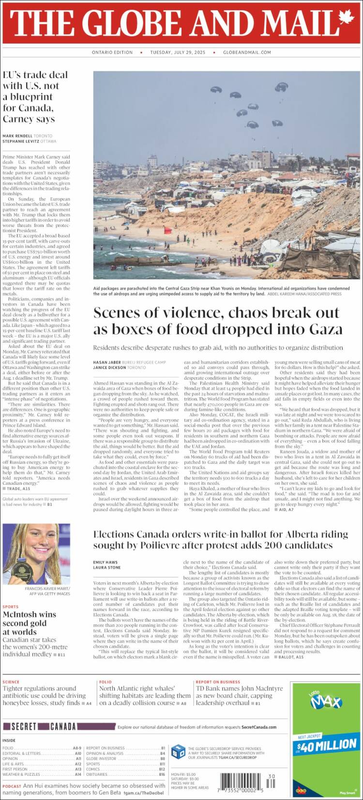 Portada de The Globe and Mail (Canada)