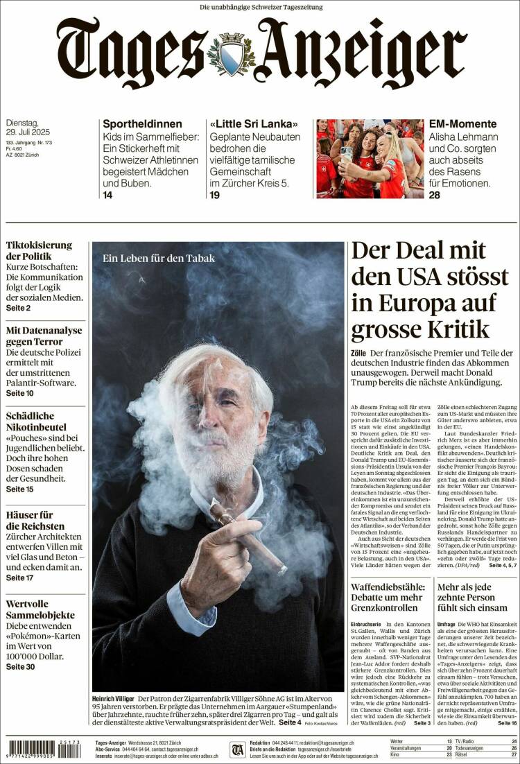 Portada de Tages-Anzeiger (Suisse)