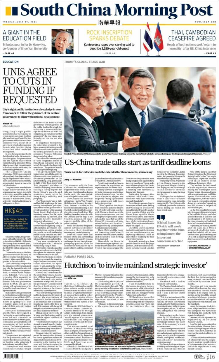 Portada de South China Morning Post (China)