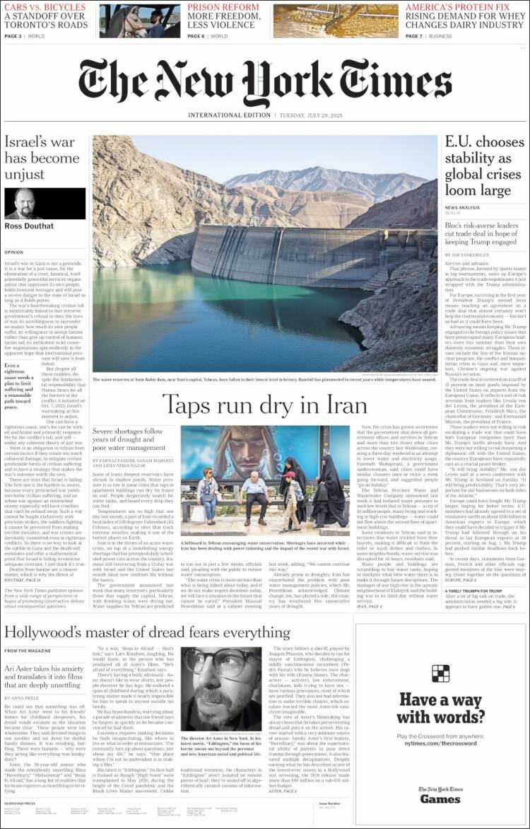 Portada de International New York Times (Europa)