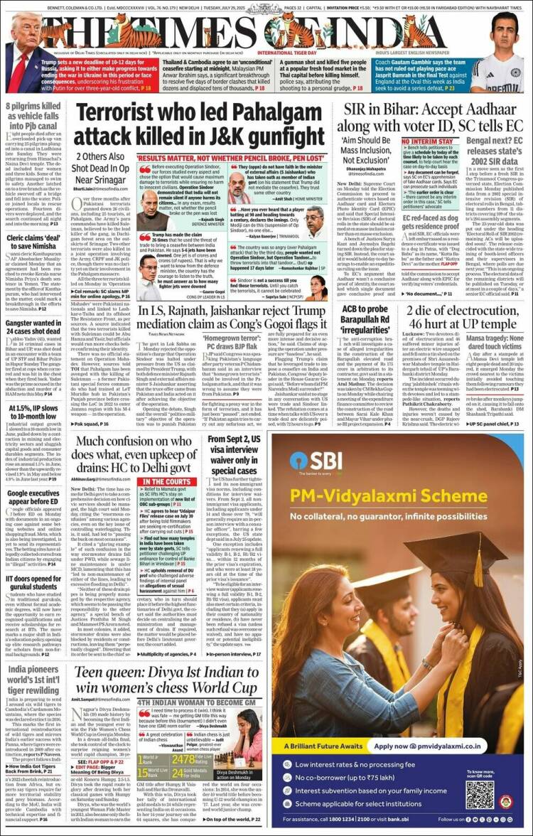 Portada de The Times of India (India)