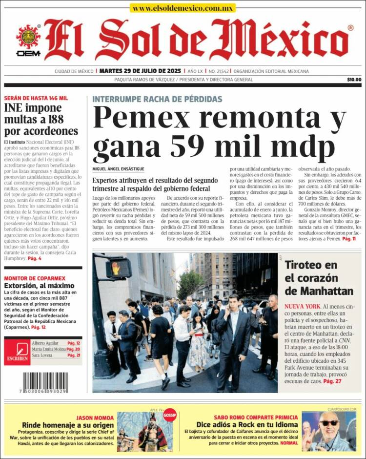 Portada de El Sol de México (Mexique)