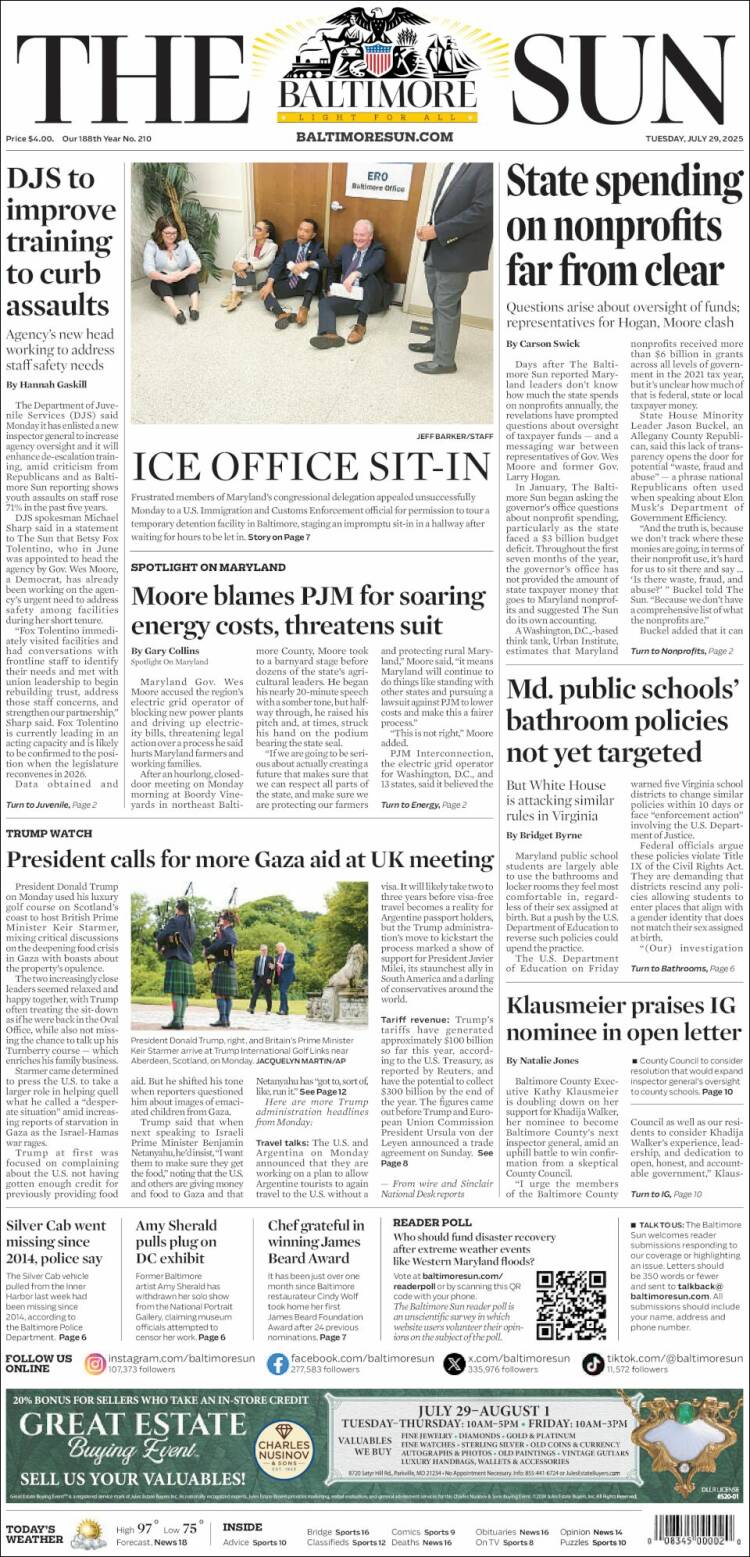 Portada de The Baltimore Sun (USA)