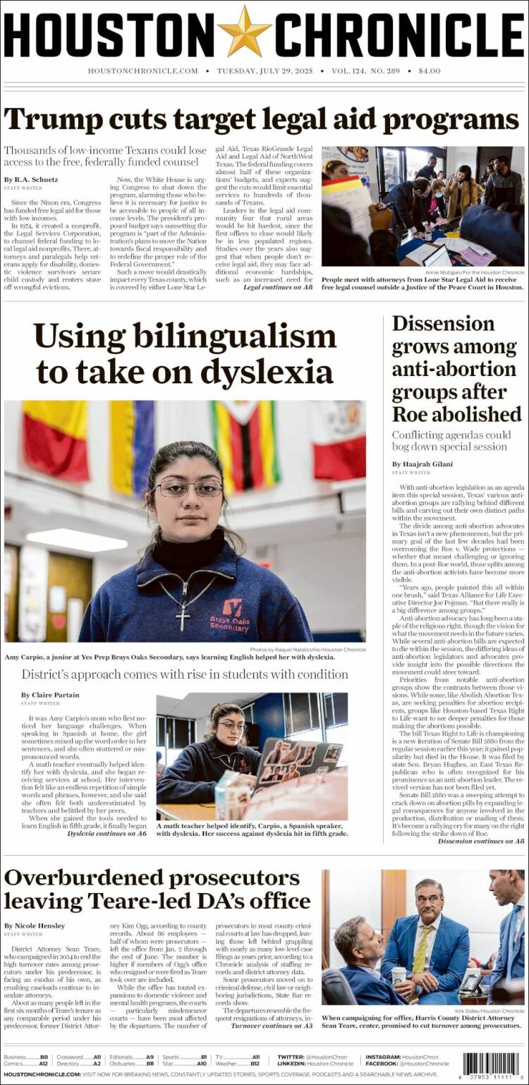 Portada de Houston Chronicle (USA)