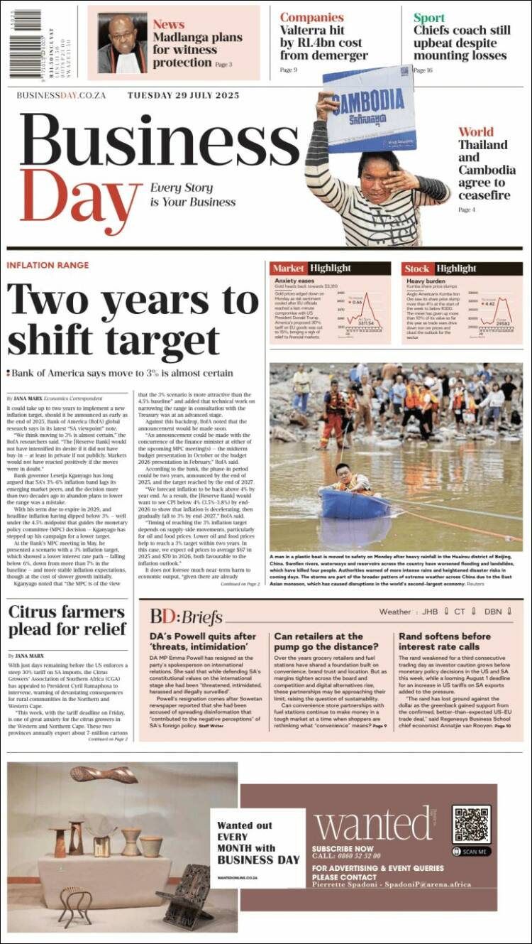 Portada de Business Day (Sudáfrica)