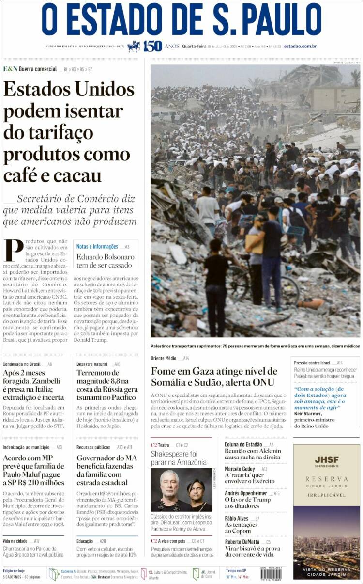 Portada de O Estado de São Paulo (Brasil)