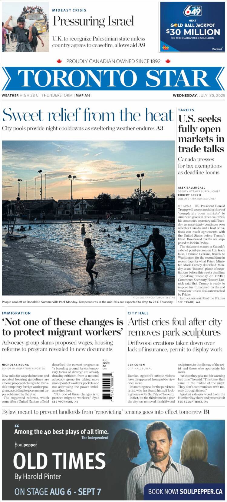 Portada de The Toronto Star (Canadá)