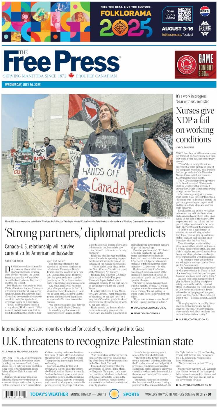 Portada de Winnipeg Free Press (Canada)
