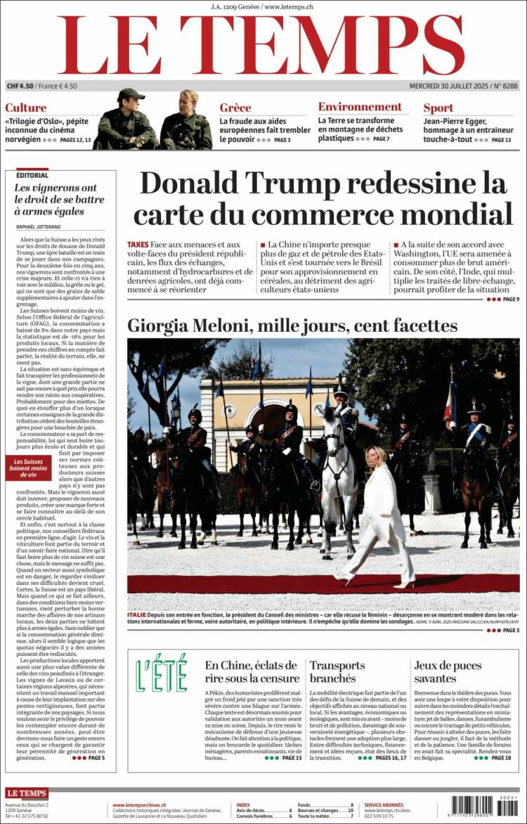 Portada de Le Matin (Switzerland)