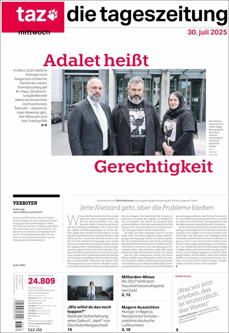 Portada de Die Tageszeitung (Germany)