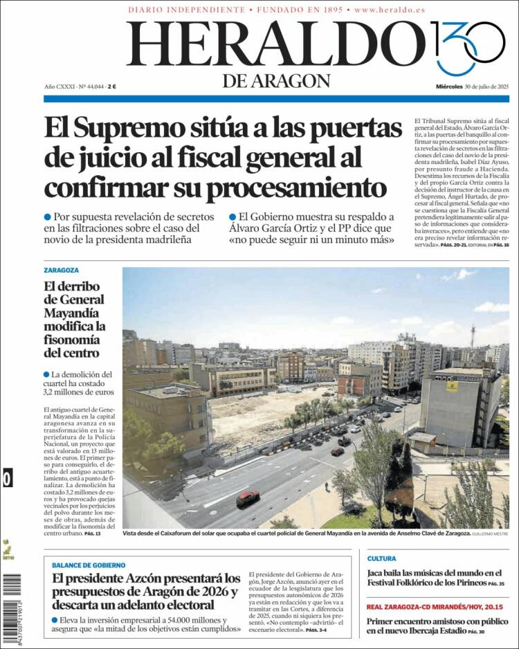 Portada de Heraldo de Aragón (España)