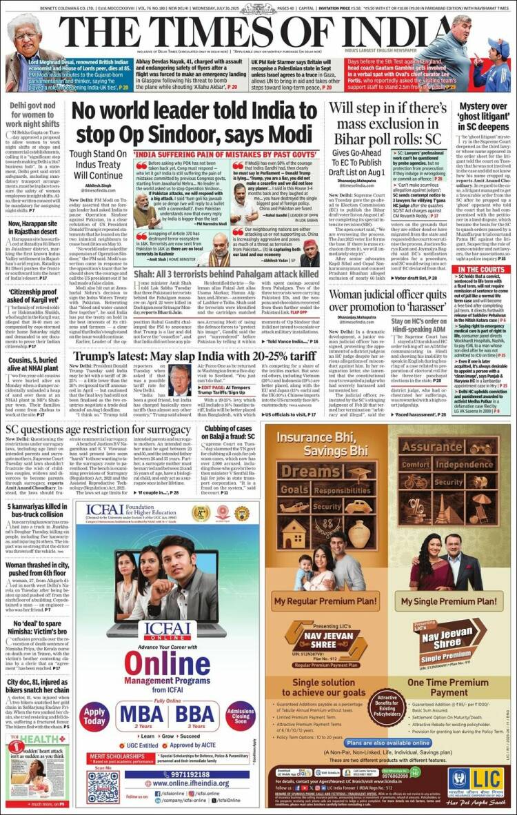 Portada de The Times of India (India)