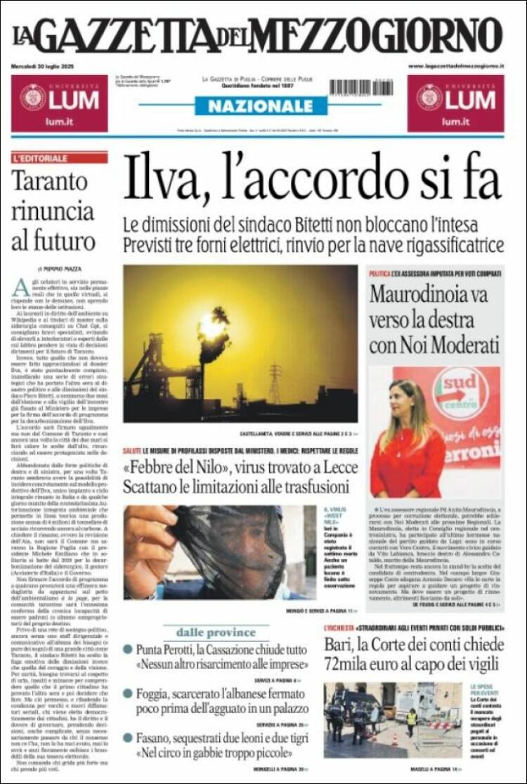 Portada de La Gazzetta del Mezzogiorno (Italie)