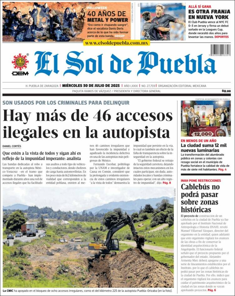 Portada de El Sol de Puebla (Mexico)