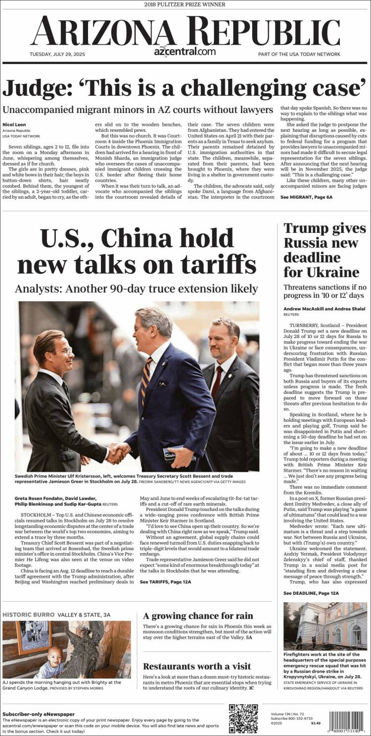 Portada de Arizona Republic News (USA)