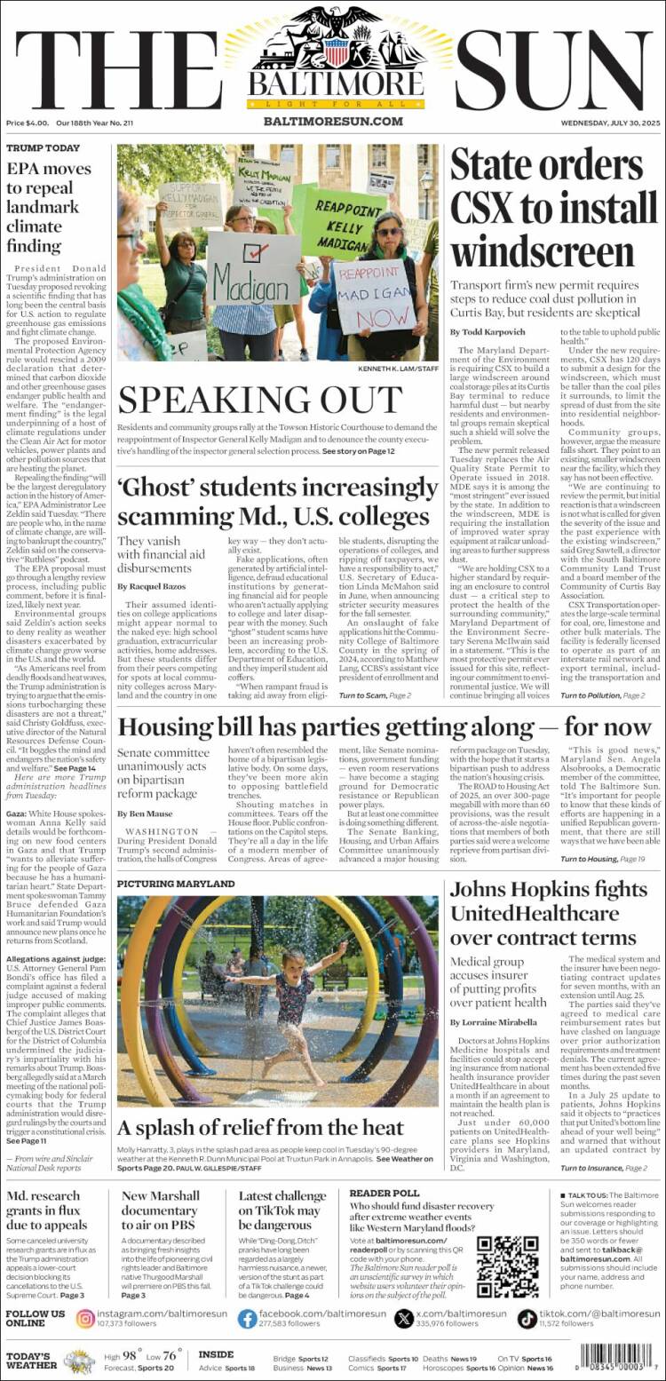 Portada de The Baltimore Sun (USA)