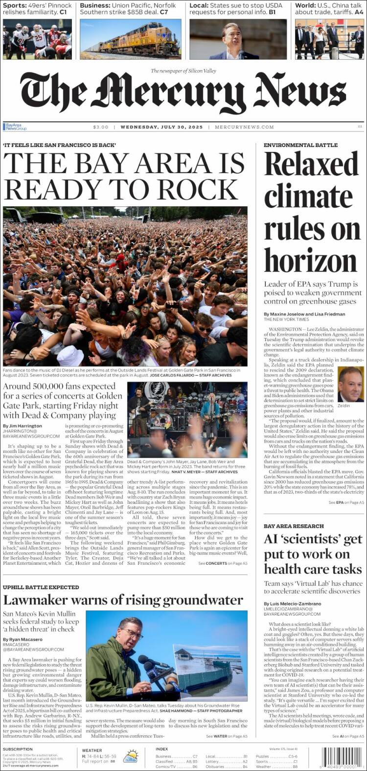 Portada de San Jose Mercury News (USA)