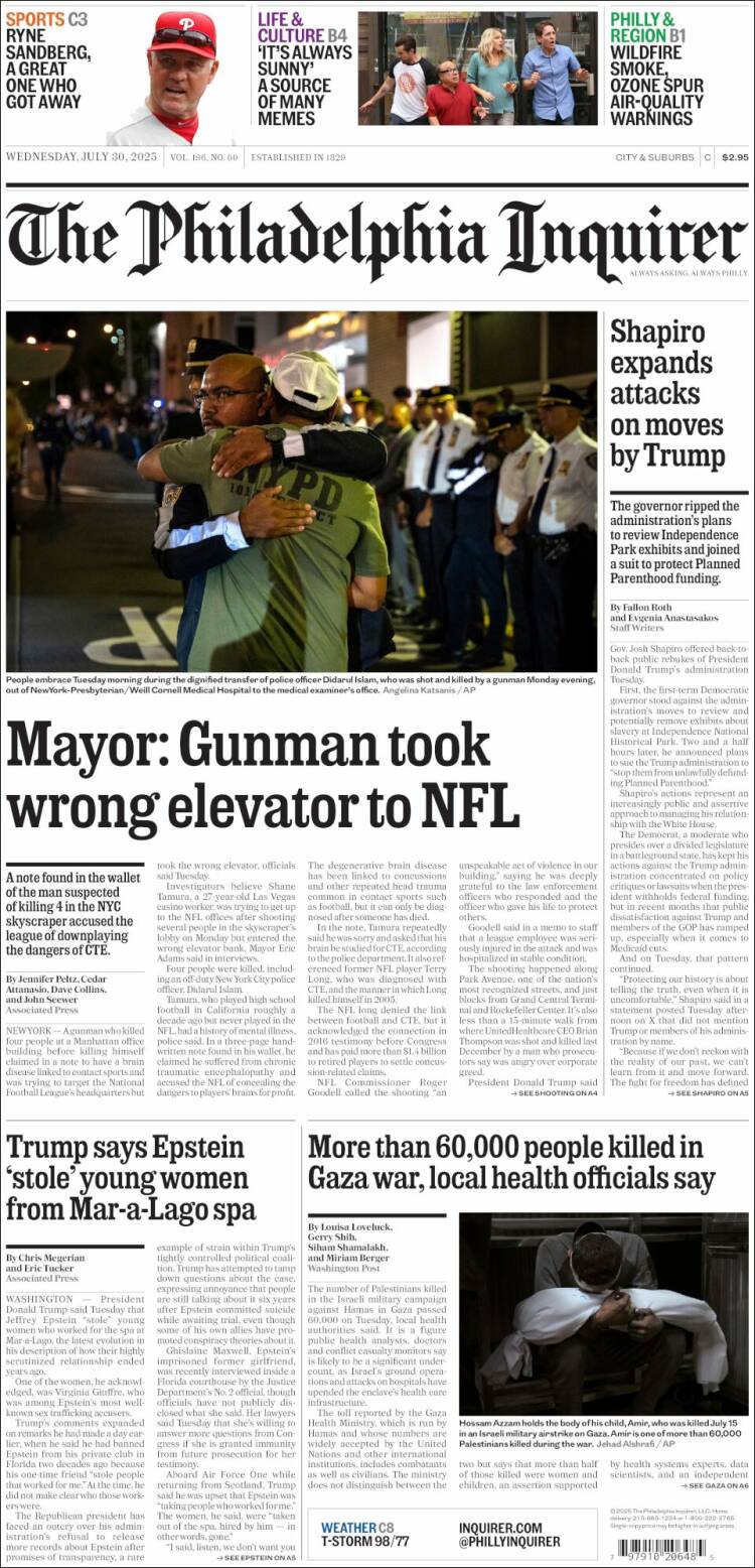 Portada de Philadelphia Inquirer (USA)