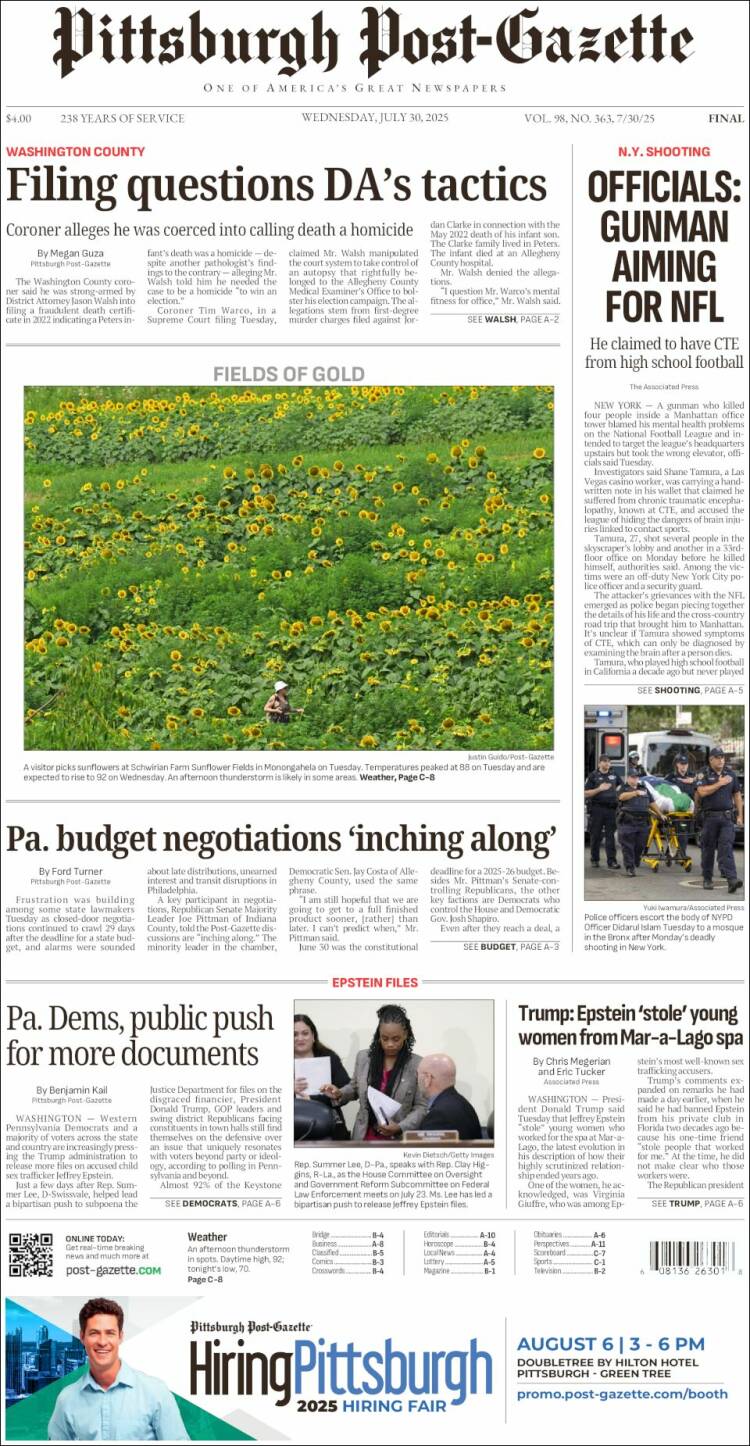 Portada de Pittsburgh Post-Gazette (USA)