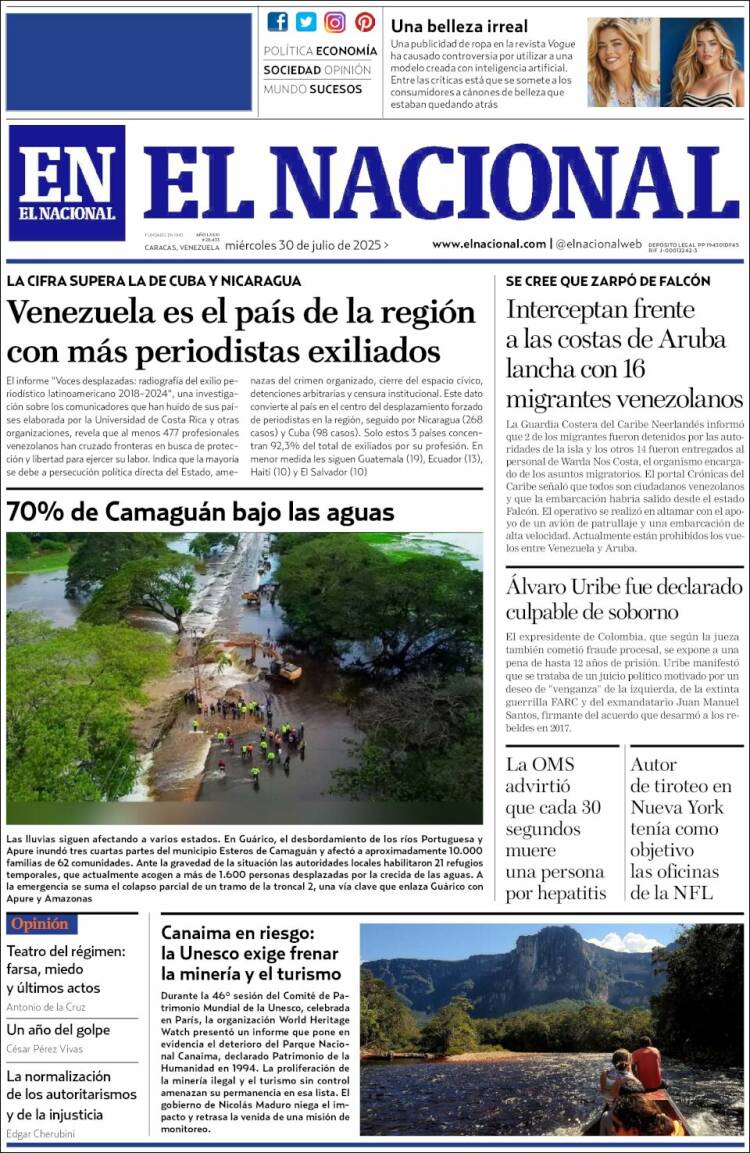 Portada de El Nacional (Venezuela)