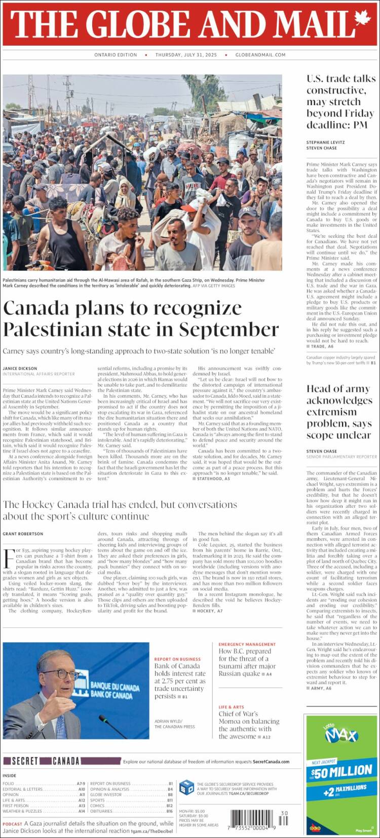 Portada de The Globe and Mail (Canada)