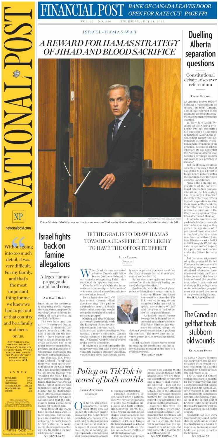 Portada de The National Post (Canada)