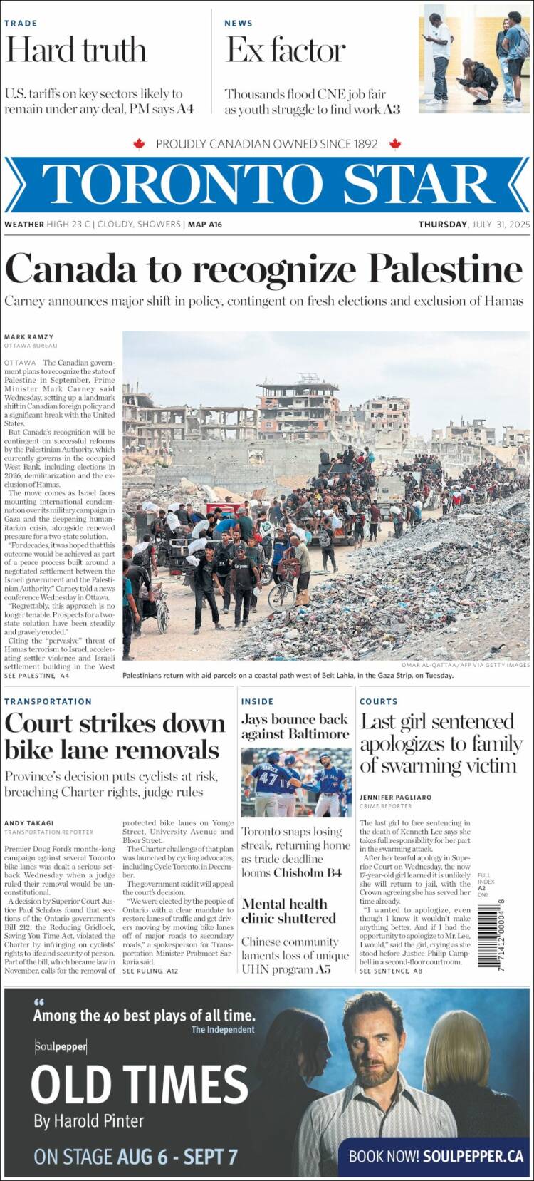 Portada de The Toronto Star (Canada)