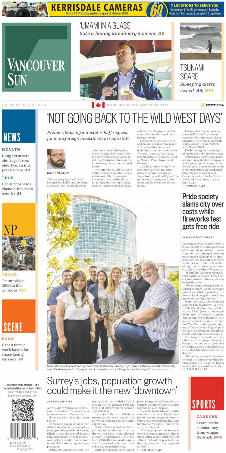 Portada de The Vancouver Sun (Canada)