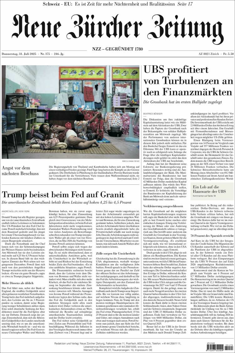 Portada de Neue Zürcher Zeitung (Switzerland)