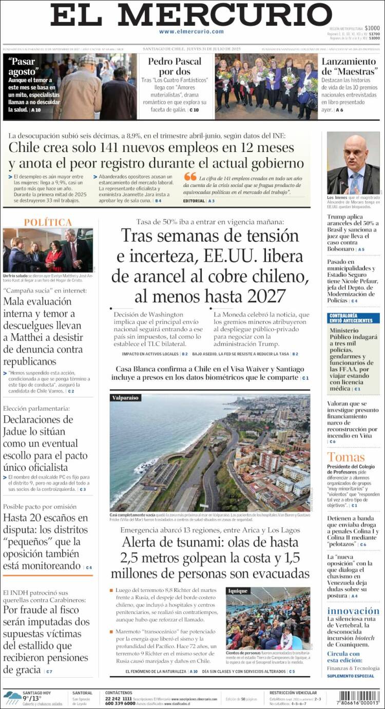 Portada de El Mercurio (Chili)