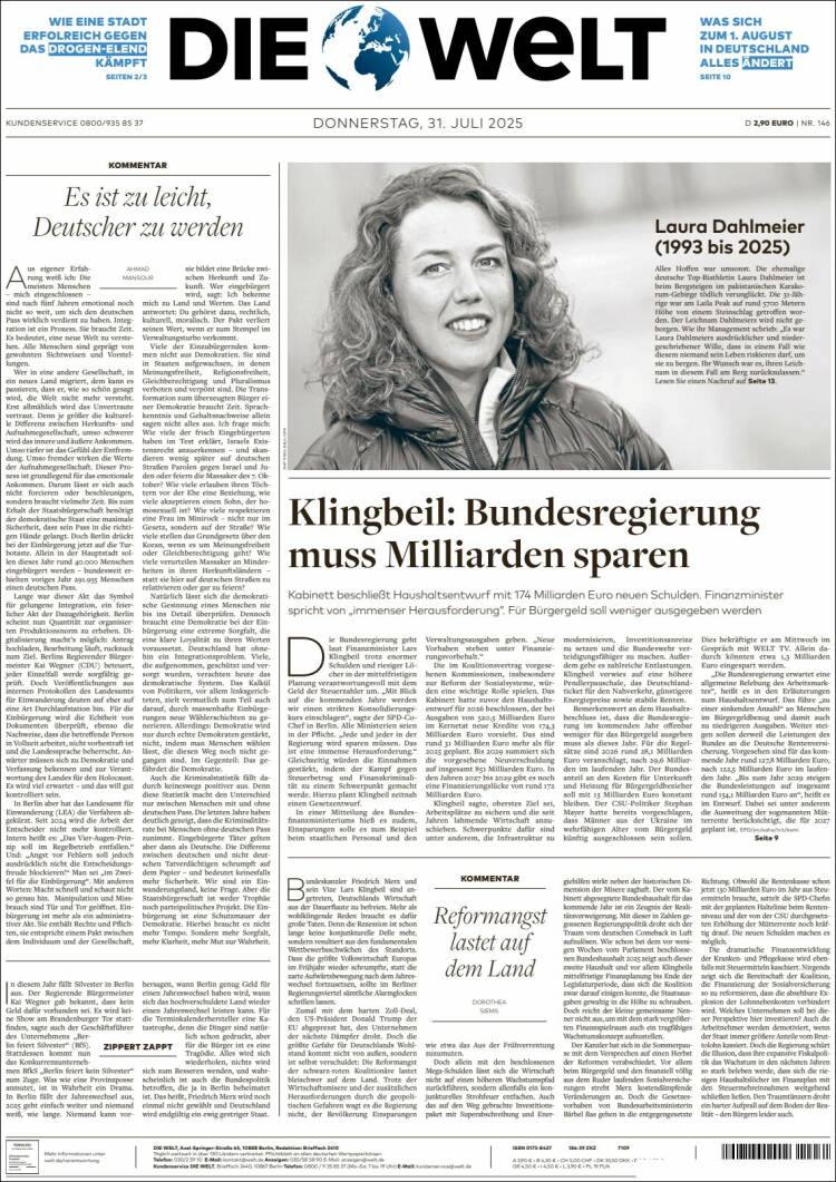 Portada de Die Welt (Alemania)