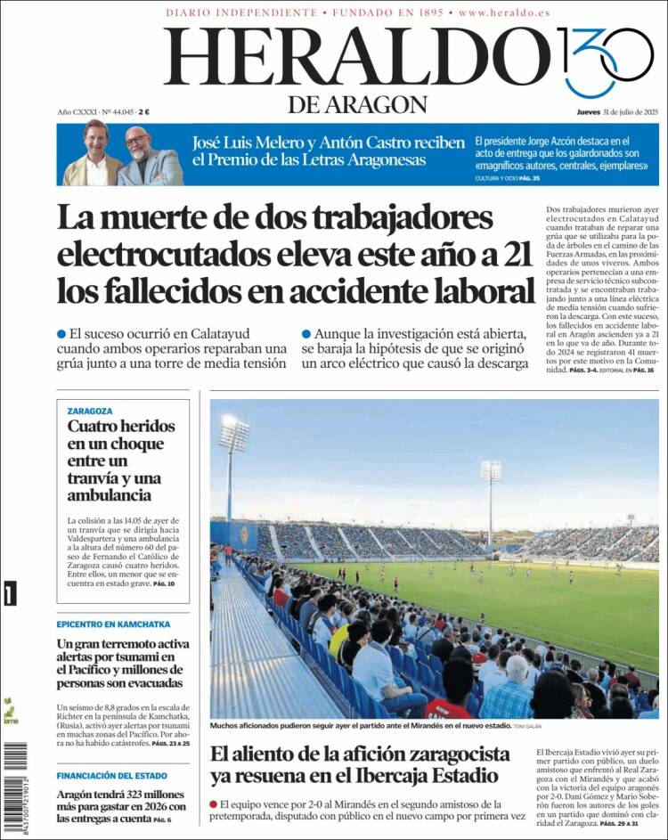 Portada de Heraldo de Aragón (España)