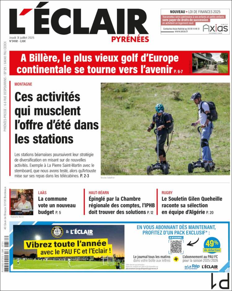 Portada de L'Eclair des Pyrénées (Francia)