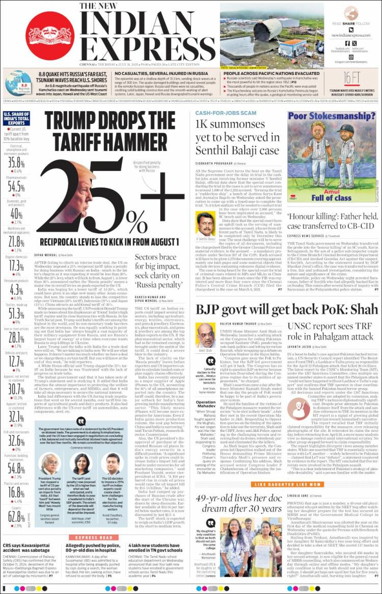 Portada de New Indian Express (Inde)