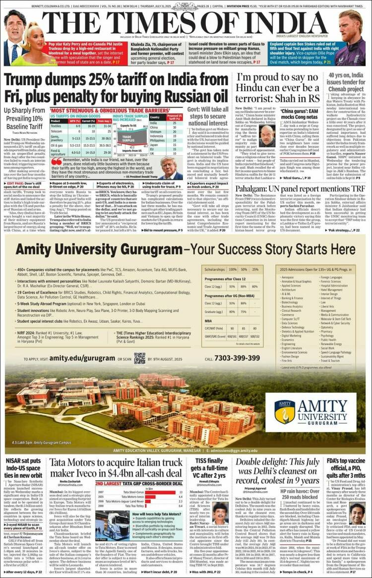 Portada de The Times of India (India)
