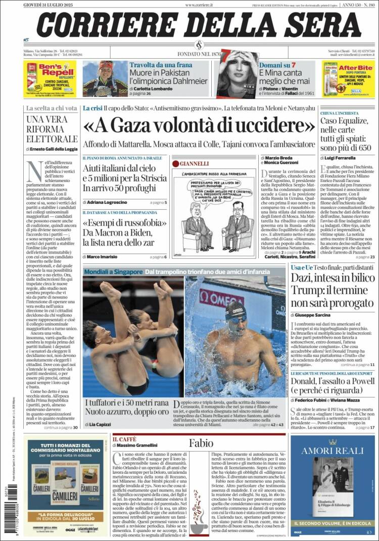 Portada de Corriere della Sera (Italie)