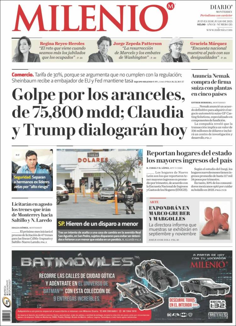 Portada de Milenio de Monterrey (México)