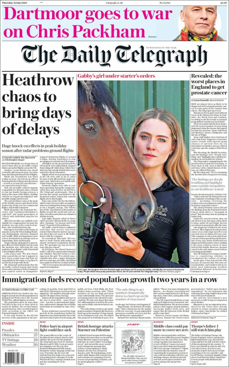 Portada de Daily Telegraph (Reino Unido)