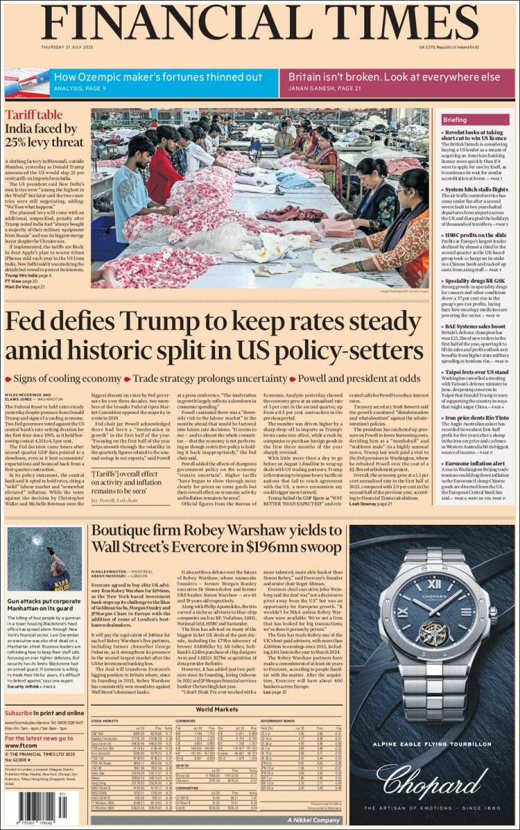 Portada de Financial Times (Reino Unido)