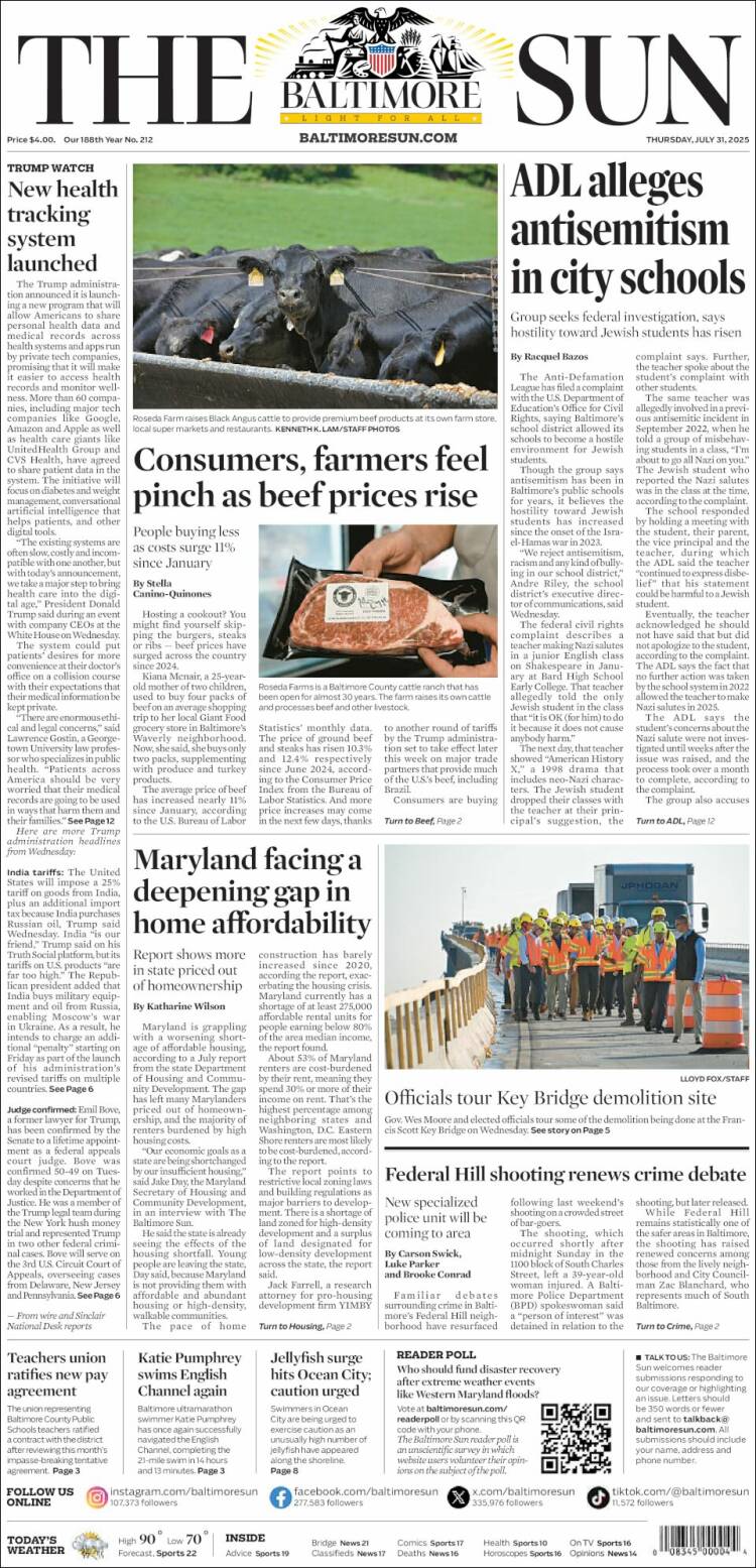 Portada de The Baltimore Sun (USA)