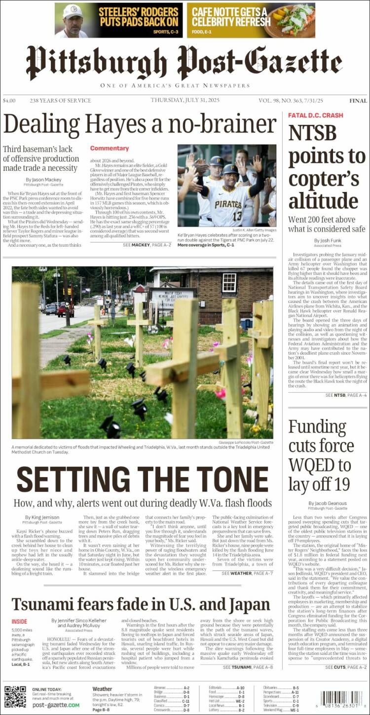 Portada de Pittsburgh Post-Gazette (USA)