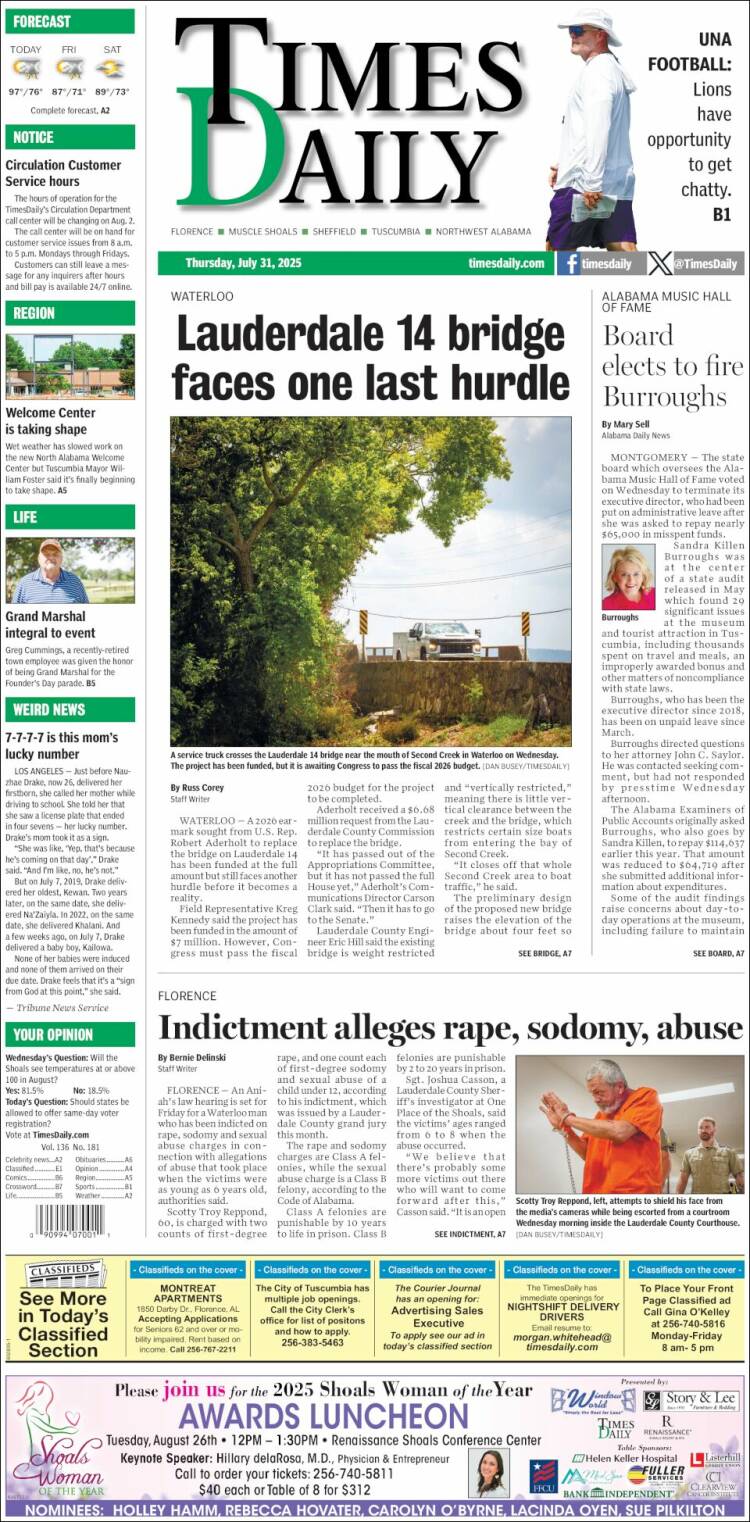Portada de Times Daily (États-Unis)