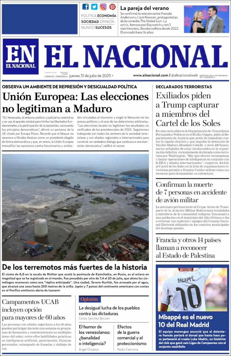 Portada de El Nacional (Venezuela)