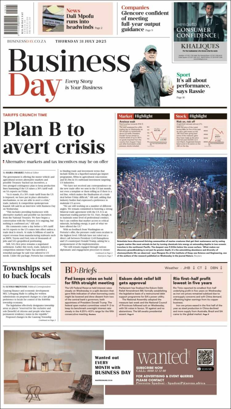 Portada de Business Day (Sudáfrica)