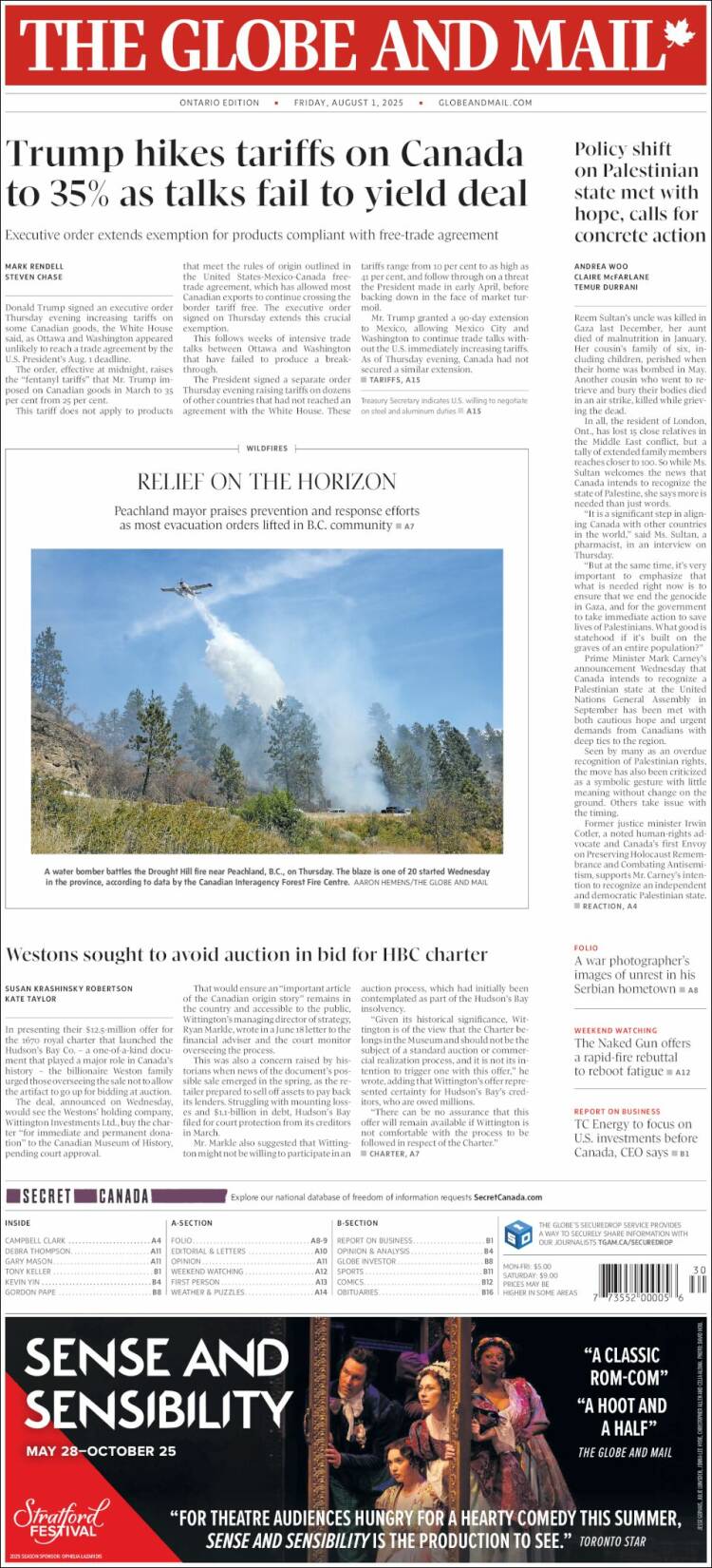 Portada de The Globe and Mail (Canada)