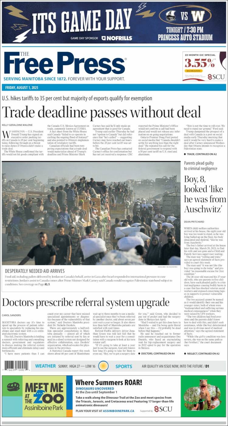Portada de Winnipeg Free Press (Canada)