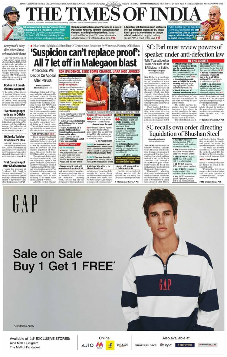 Portada de The Times of India (India)