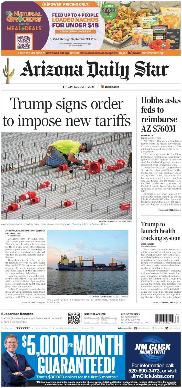 Portada de Arizona Daily Star (USA)