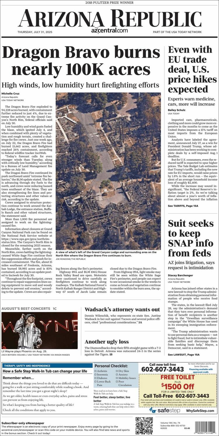 Portada de Arizona Republic News (USA)